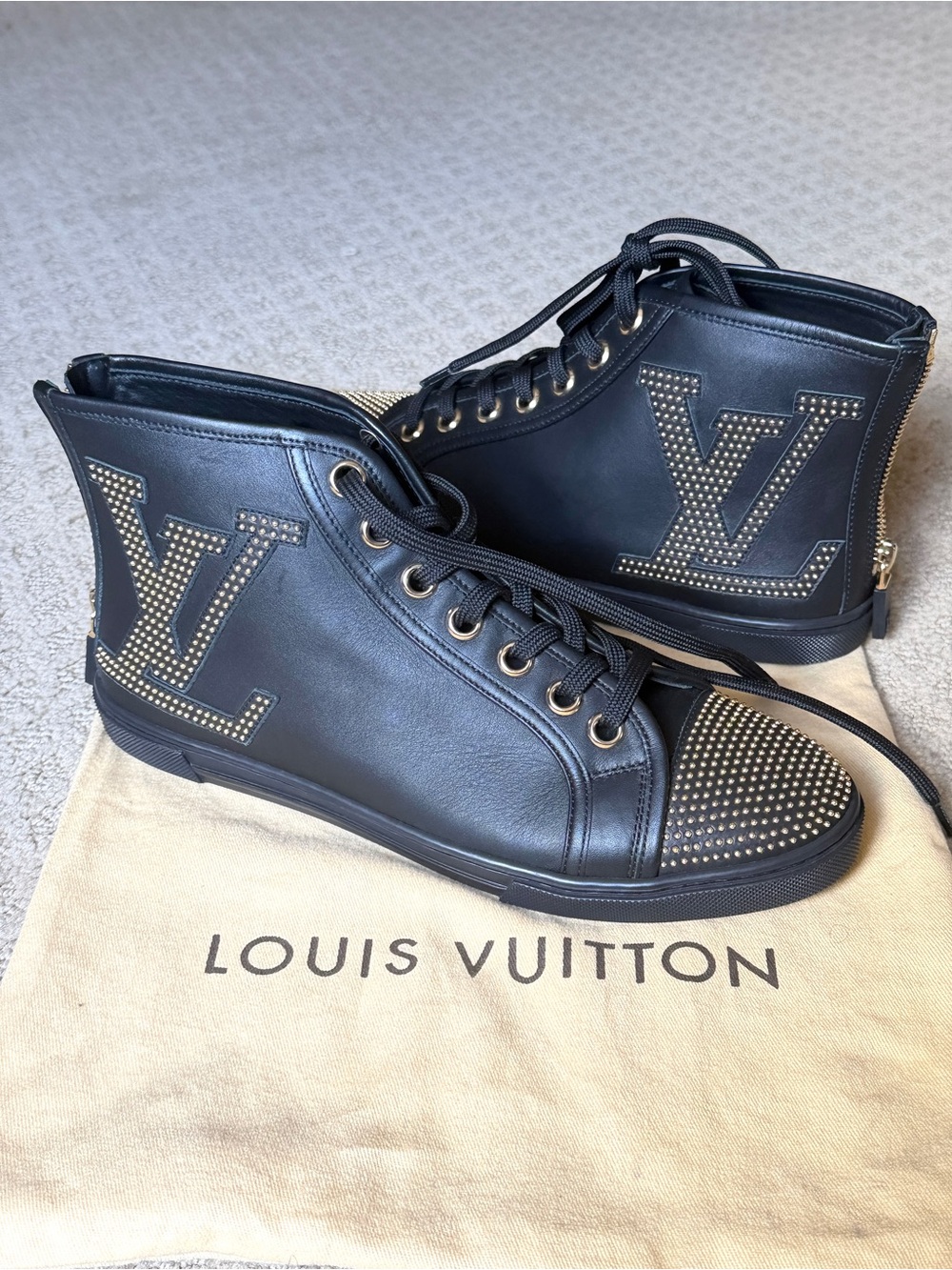 Louis Vuitton Black Leather High-Top Sneakers with Gold Stud Toe